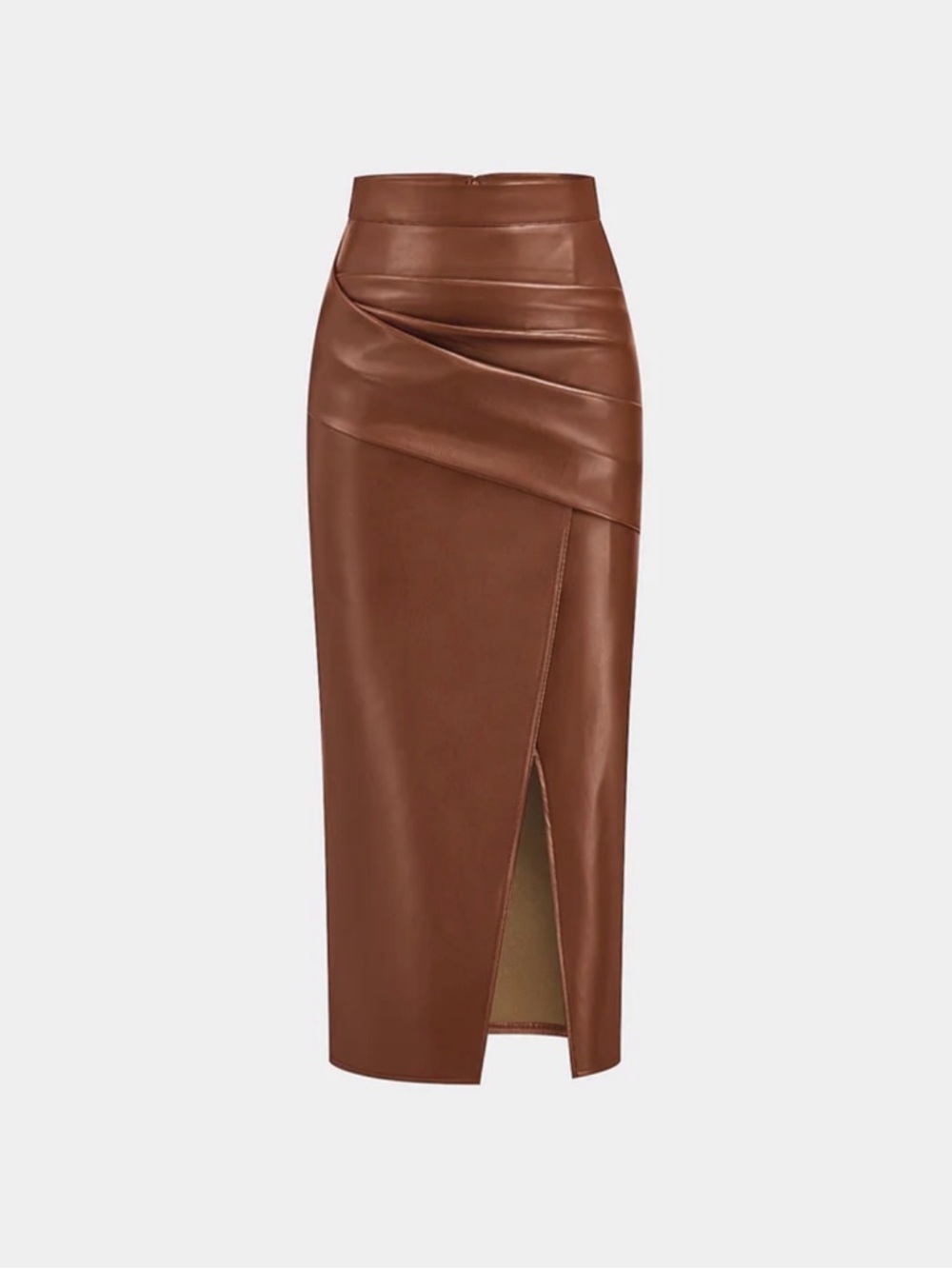 Commense Brown Faux Leather Pencil Skirt with Front Slit